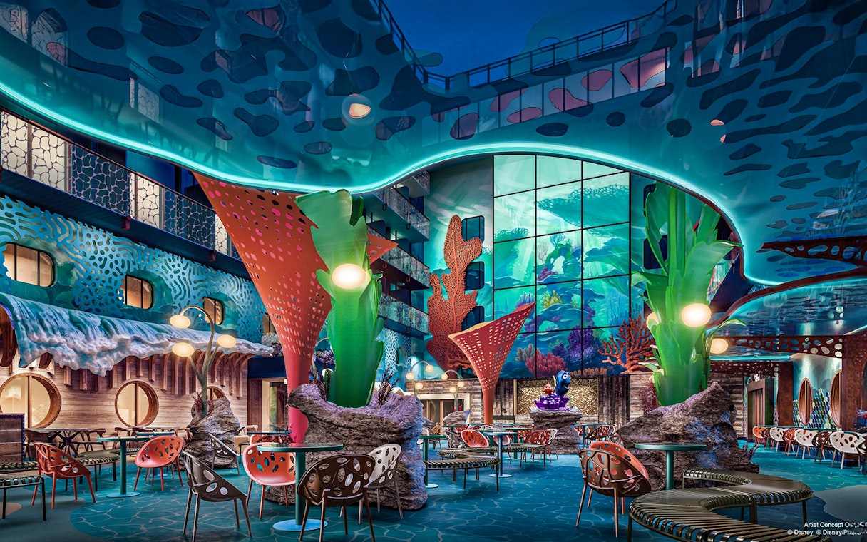 Underwater-themed dining area on Discovery Reef, Disney Adventure Cruise.