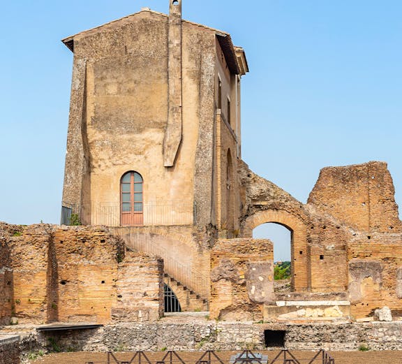 Ancient ruins and building on Palatine Hill, Rome.