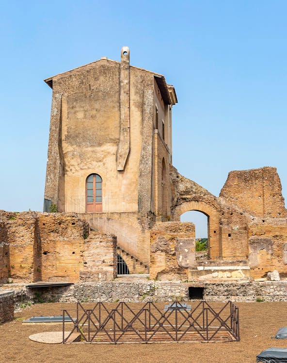 Ancient ruins and building on Palatine Hill, Rome.