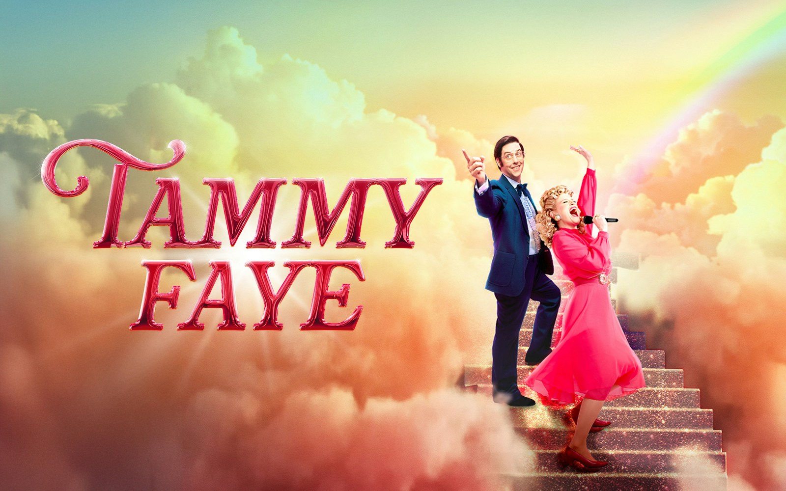 Tammy Faye title with two people on a staircase surrounded by clouds and a rainbow.