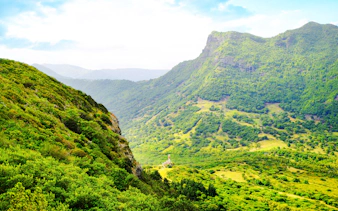 Lush green landscape of Piton de la Petite Rivière Noire, Mauritius, with rolling hills and distant peaks.