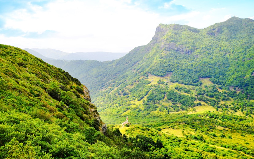Lush green landscape of Piton de la Petite Rivière Noire, Mauritius, with rolling hills and distant peaks.