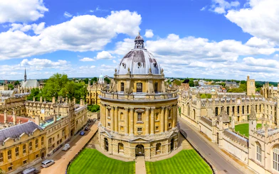 Radcliffe Camera dome and surrounding Bodleian Library buildings in Oxford, England.