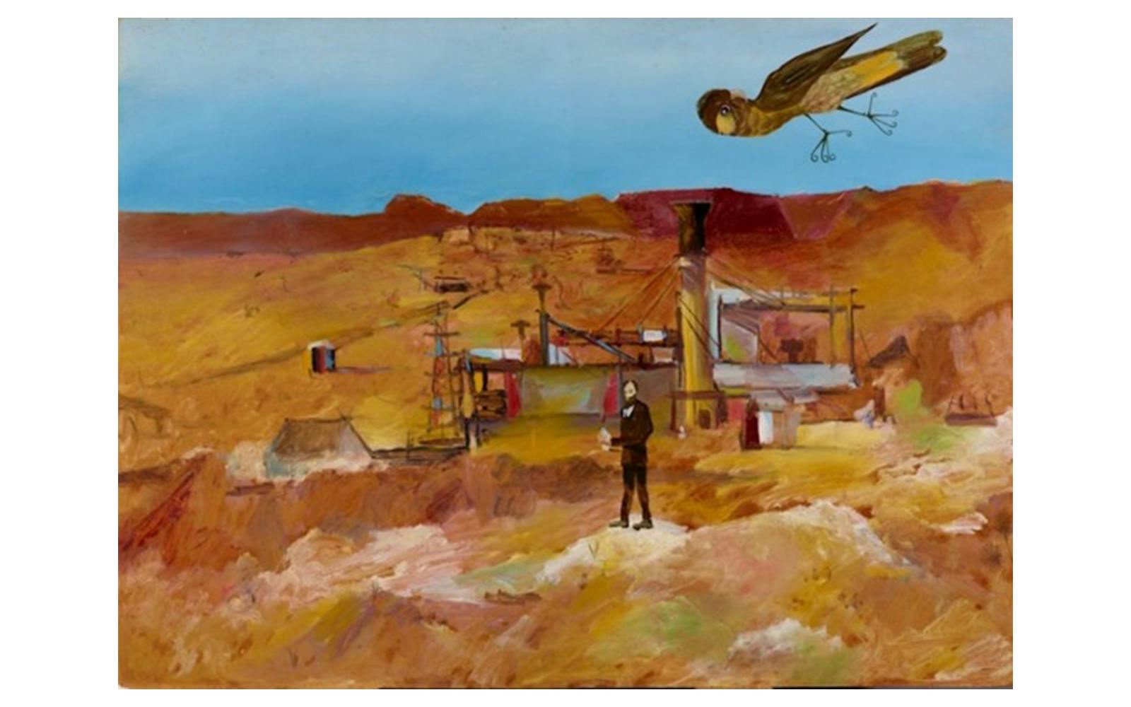 Art Gallery of New South Wales painting with desert landscape and large bird.