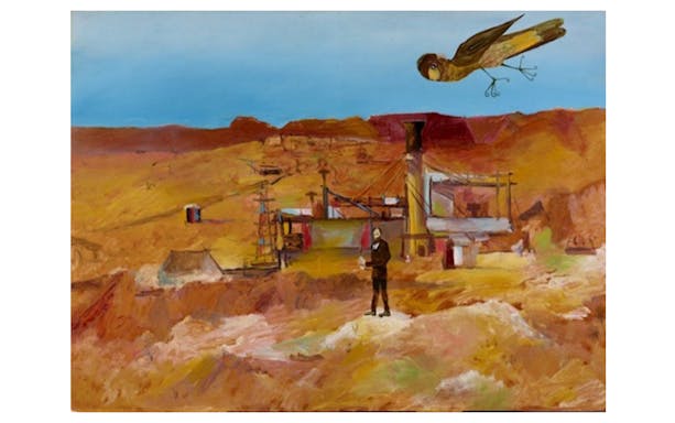 Art Gallery of New South Wales painting with desert landscape and large bird.