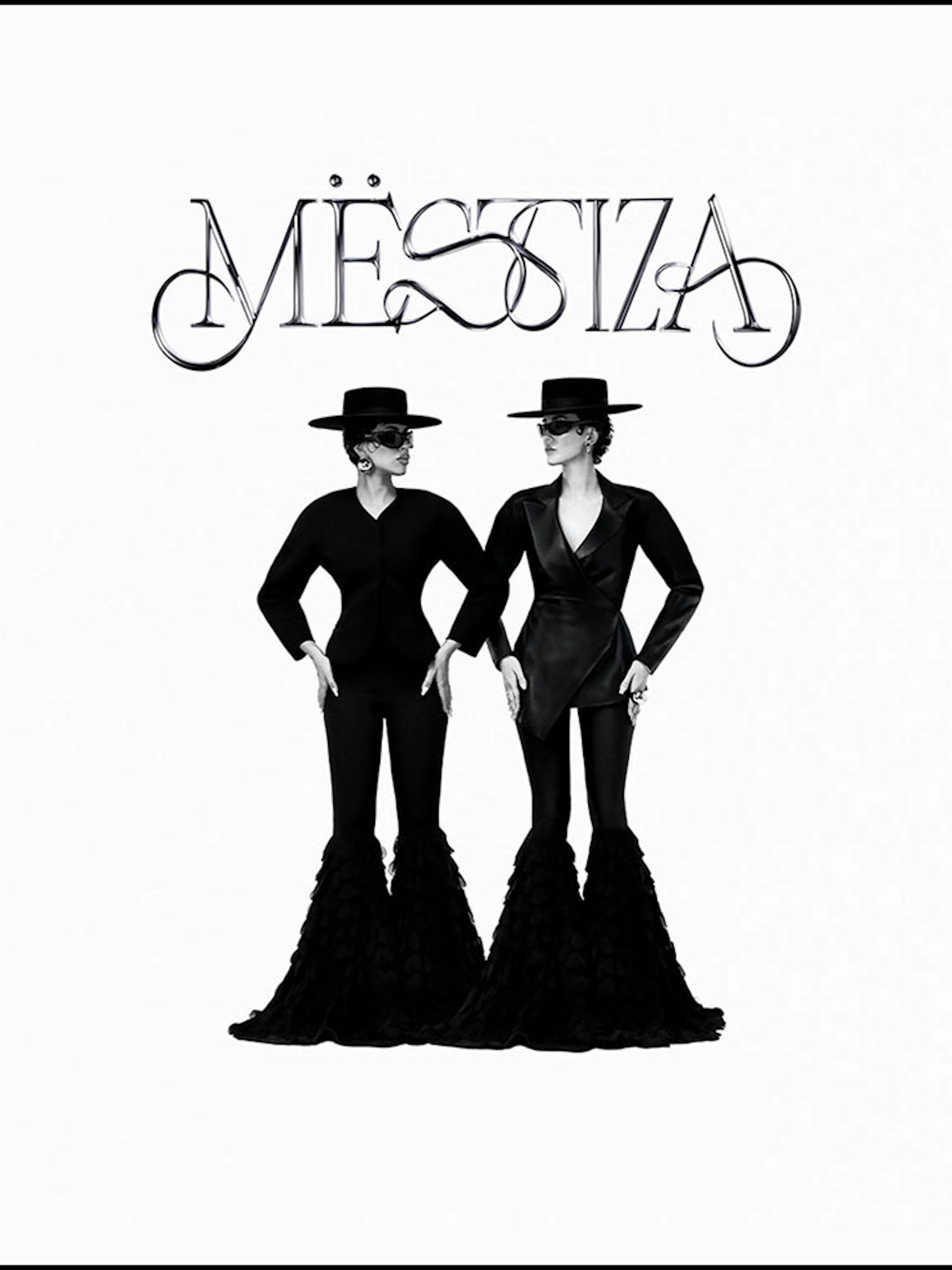 Two figures in black outfits and hats under the Mestiza logo, Ibiza.