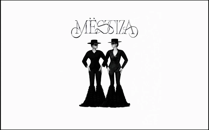 Two figures in black outfits and hats under the Mestiza logo, Ibiza.