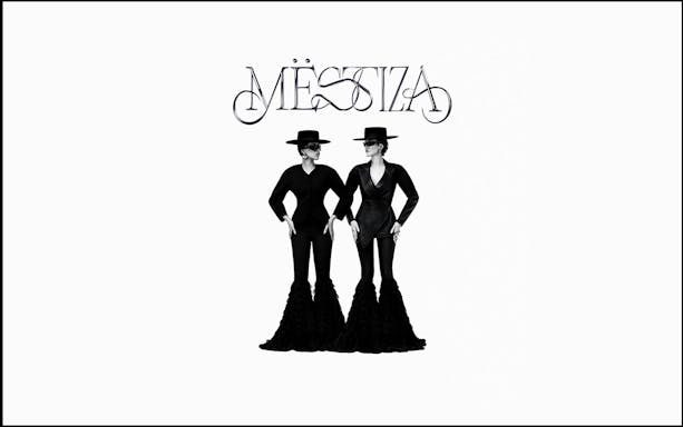 Two figures in black outfits and hats under the Mestiza logo, Ibiza.