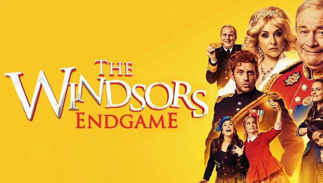 Promotional poster for "The Windsors: Endgame" featuring cast in royal attire against a yellow background.