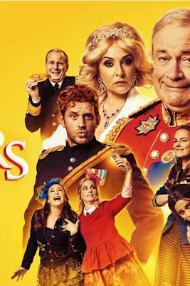 Promotional poster for "The Windsors: Endgame" featuring cast in royal attire against a yellow background.