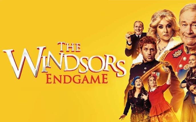 Promotional poster for "The Windsors: Endgame" featuring cast in royal attire against a yellow background.