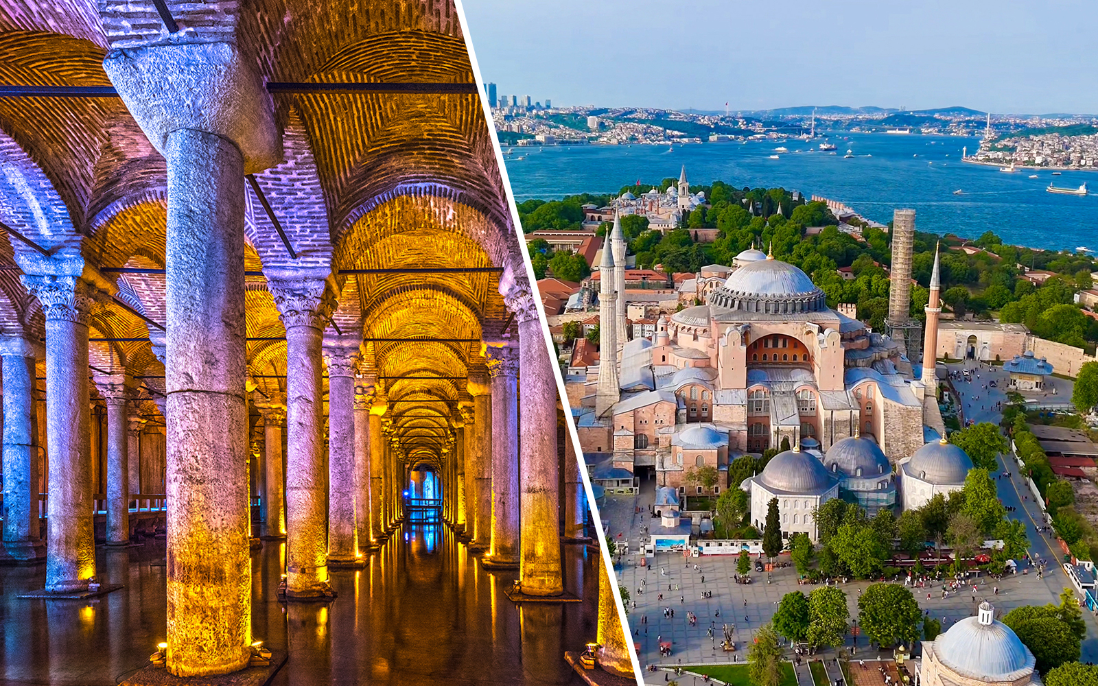 Basilica Cistern's illuminated columns and aerial view of Hagia Sophia, Istanbul, Turkey.