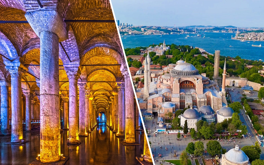 Basilica Cistern's illuminated columns and aerial view of Hagia Sophia, Istanbul, Turkey.