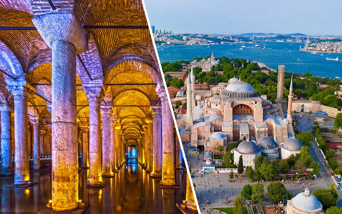 Basilica Cistern's illuminated columns and aerial view of Hagia Sophia, Istanbul, Turkey.