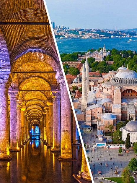 Basilica Cistern's illuminated columns and aerial view of Hagia Sophia, Istanbul, Turkey.