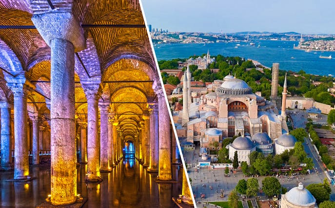 Basilica Cistern's illuminated columns and aerial view of Hagia Sophia, Istanbul, Turkey.