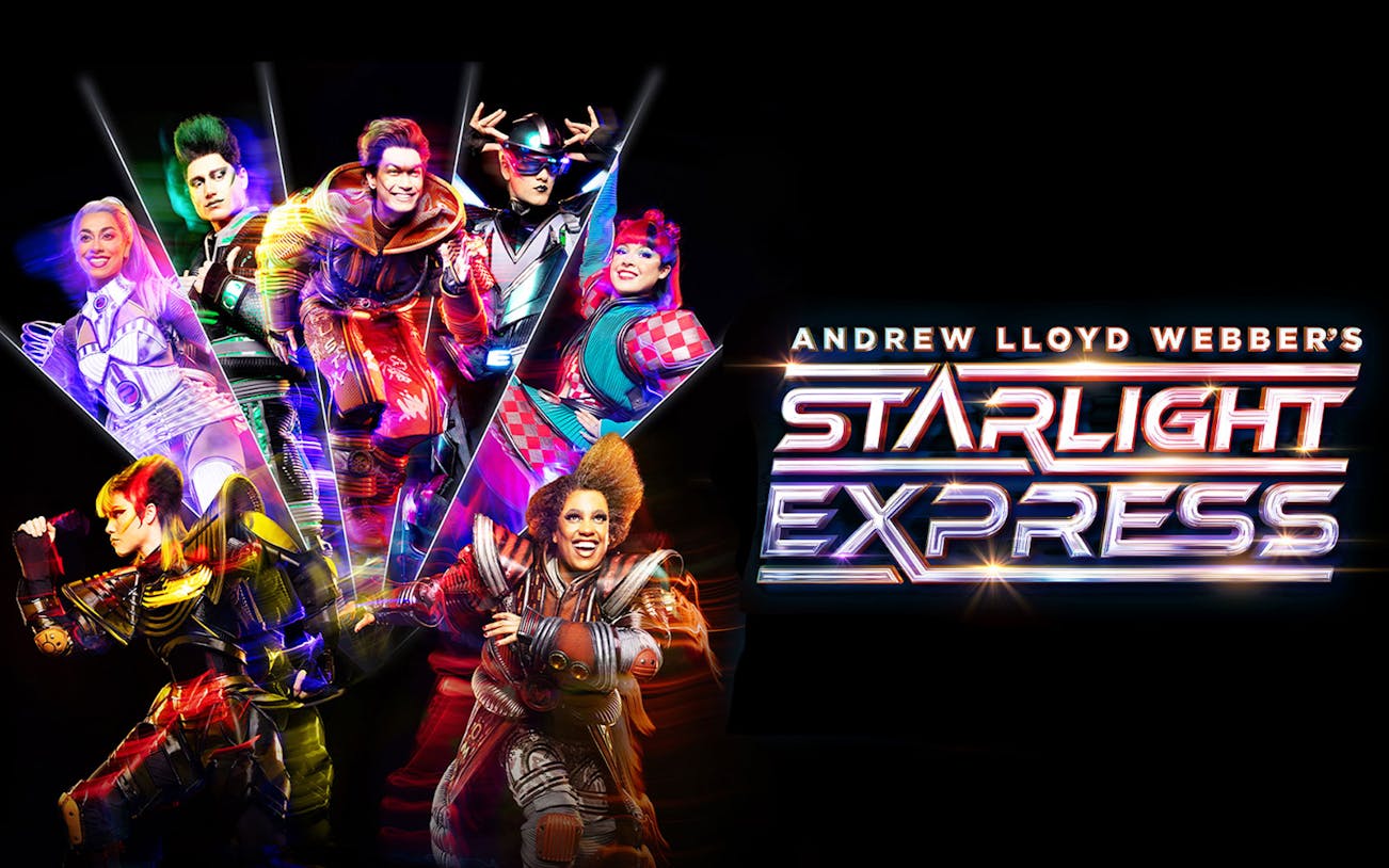 Characters in colorful costumes from Starlight Express West End show.