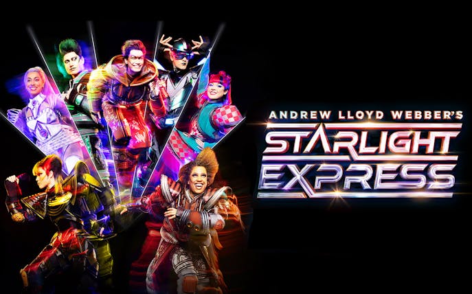 Characters in colorful costumes from Starlight Express West End show.