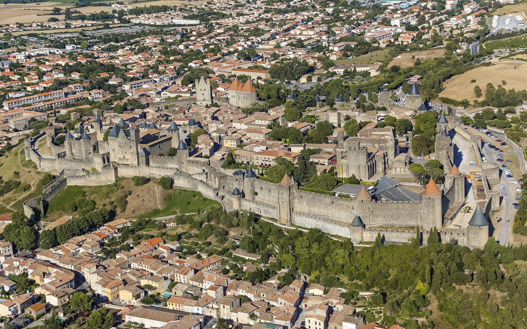 Aerial view of Carcassonne Castle and Ramparts in France.