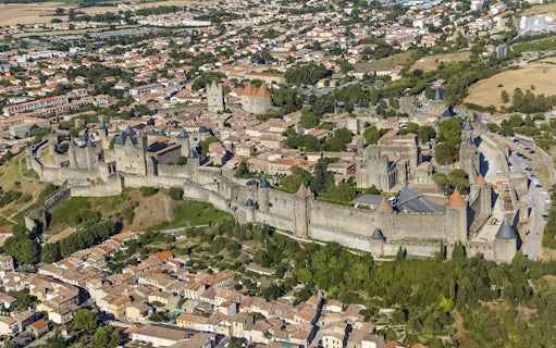 Aerial view of Carcassonne Castle and Ramparts in France.