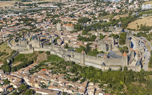 Aerial view of Carcassonne Castle and Ramparts in France.
