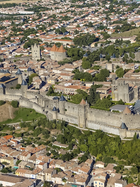 Aerial view of Carcassonne Castle and Ramparts in France.