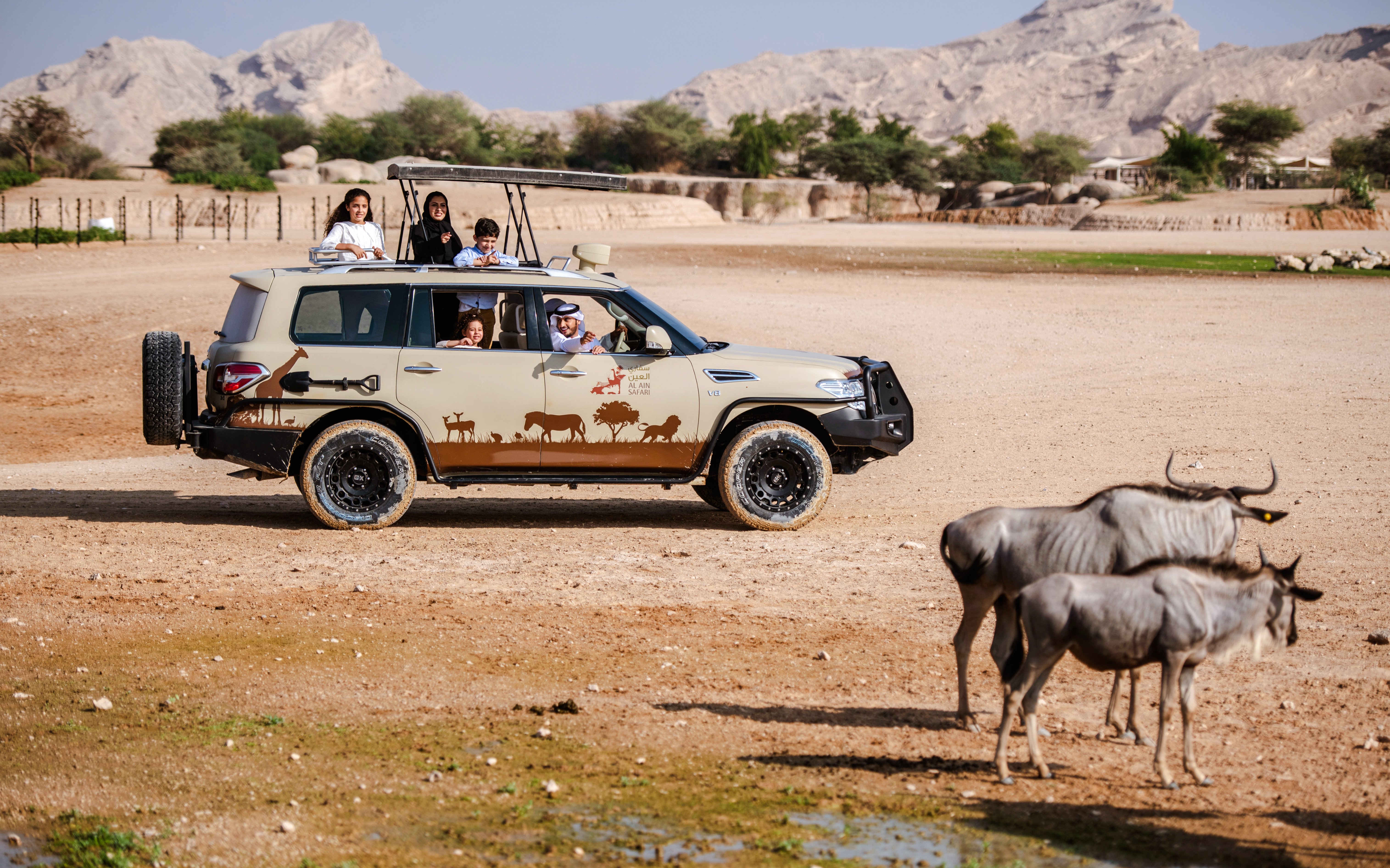 Safari vehicle with tourists observing wildebeests at Al Ain Zoo, UAE.