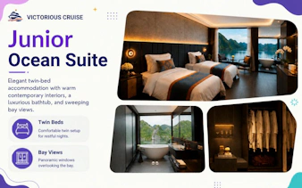 Junior Ocean Suite with twin beds, bathtub, and bay view on Ha Long Bay luxury cruise.