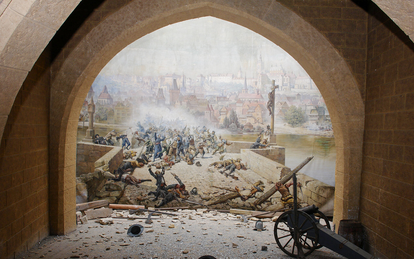 Historical battle scene mural inside Mirror Maze, depicting soldiers on a bridge with a city backdrop.