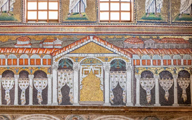 Ravenna mosaic depicting ancient architecture with detailed columns and arches.