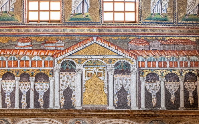Ravenna mosaic depicting ancient architecture with detailed columns and arches.
