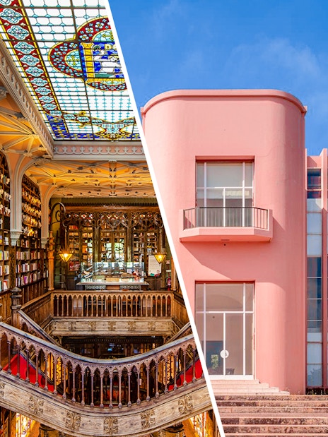 Lello Library's ornate staircase and bookshelves, Porto, Portugal; Serralves Foundation exterior.