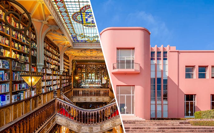 Lello Library's ornate staircase and bookshelves, Porto, Portugal; Serralves Foundation exterior.