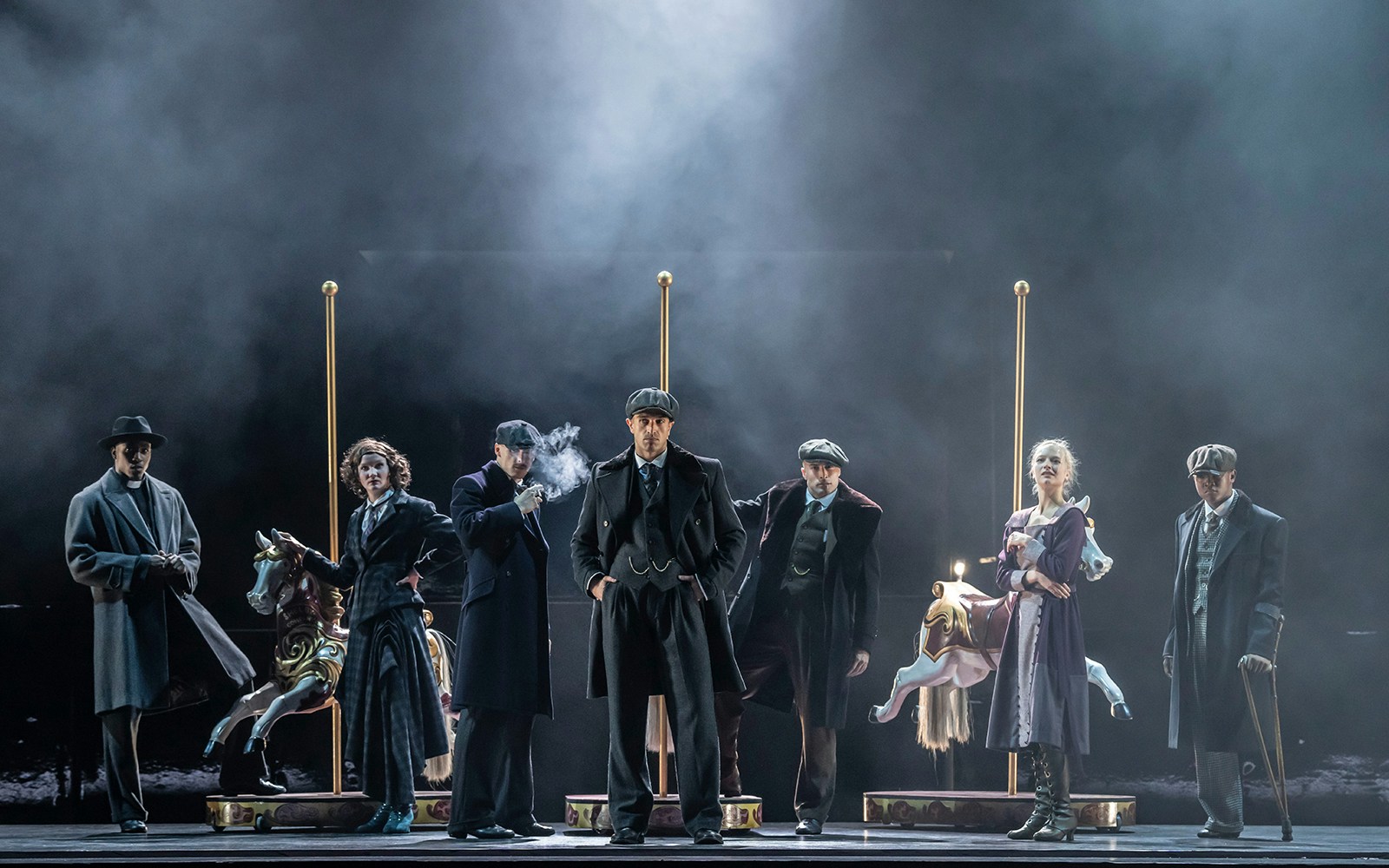 Stage performance of Peaky Blinders: The Redemption of Thomas Shelby with actors in period costumes.