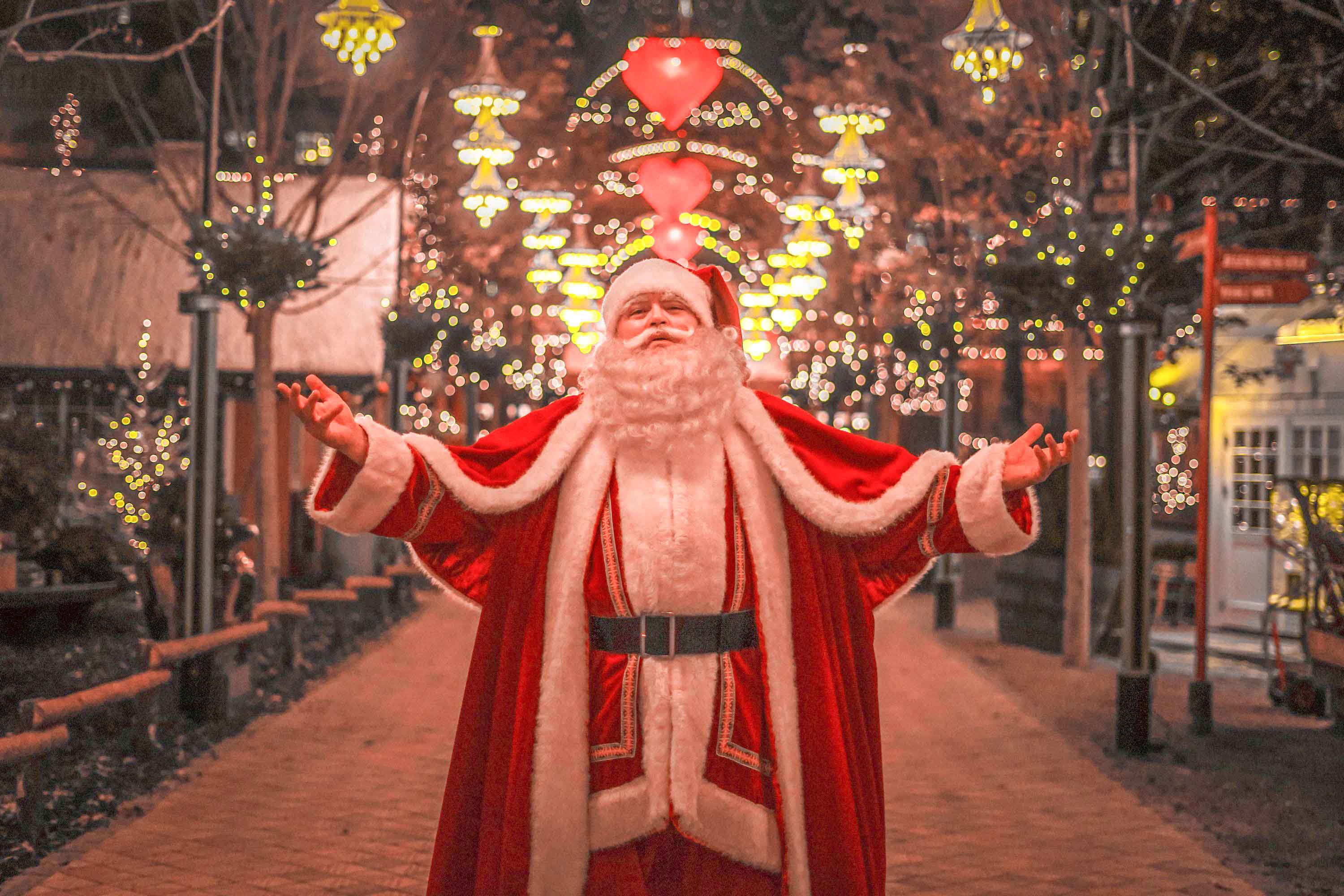 Tivoli Gardens Christmas lights display with festive decorations in Copenhagen, Denmark.