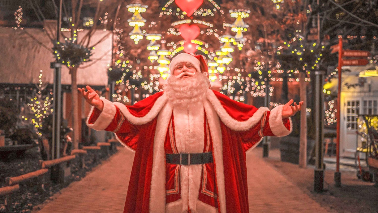 Tivoli Gardens Christmas lights display with festive decorations in Copenhagen, Denmark.