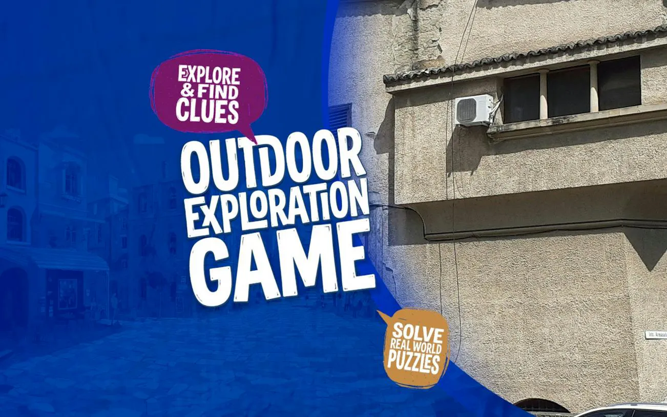 Outdoor exploration game poster for Bucharest Spy Game, featuring clues and puzzles.