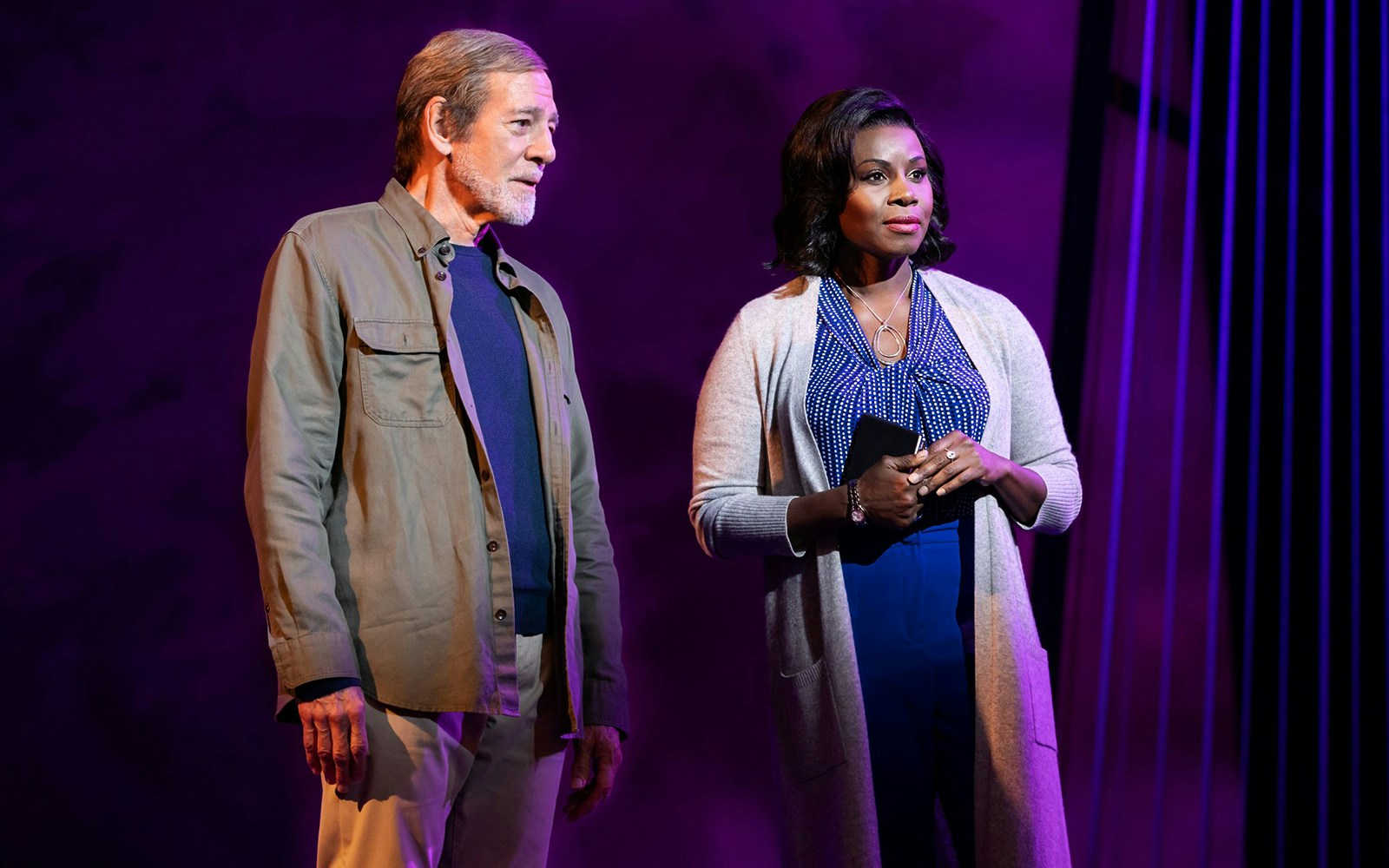Two actors on stage in A Beautiful Noise: The Neil Diamond Musical.