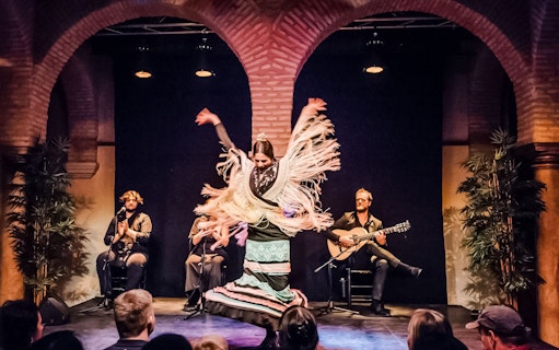 Flamenco dancer performing at Dance Museum with musicians in the background.