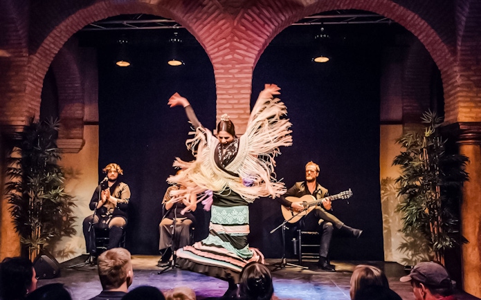 Flamenco dancer performing at Dance Museum with musicians in the background.