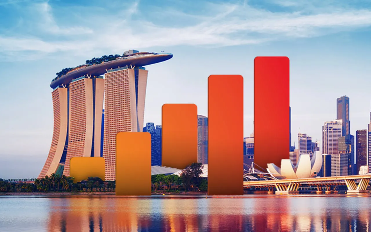Marina Bay Sands and ArtScience Museum in Singapore with digital bars overlay.