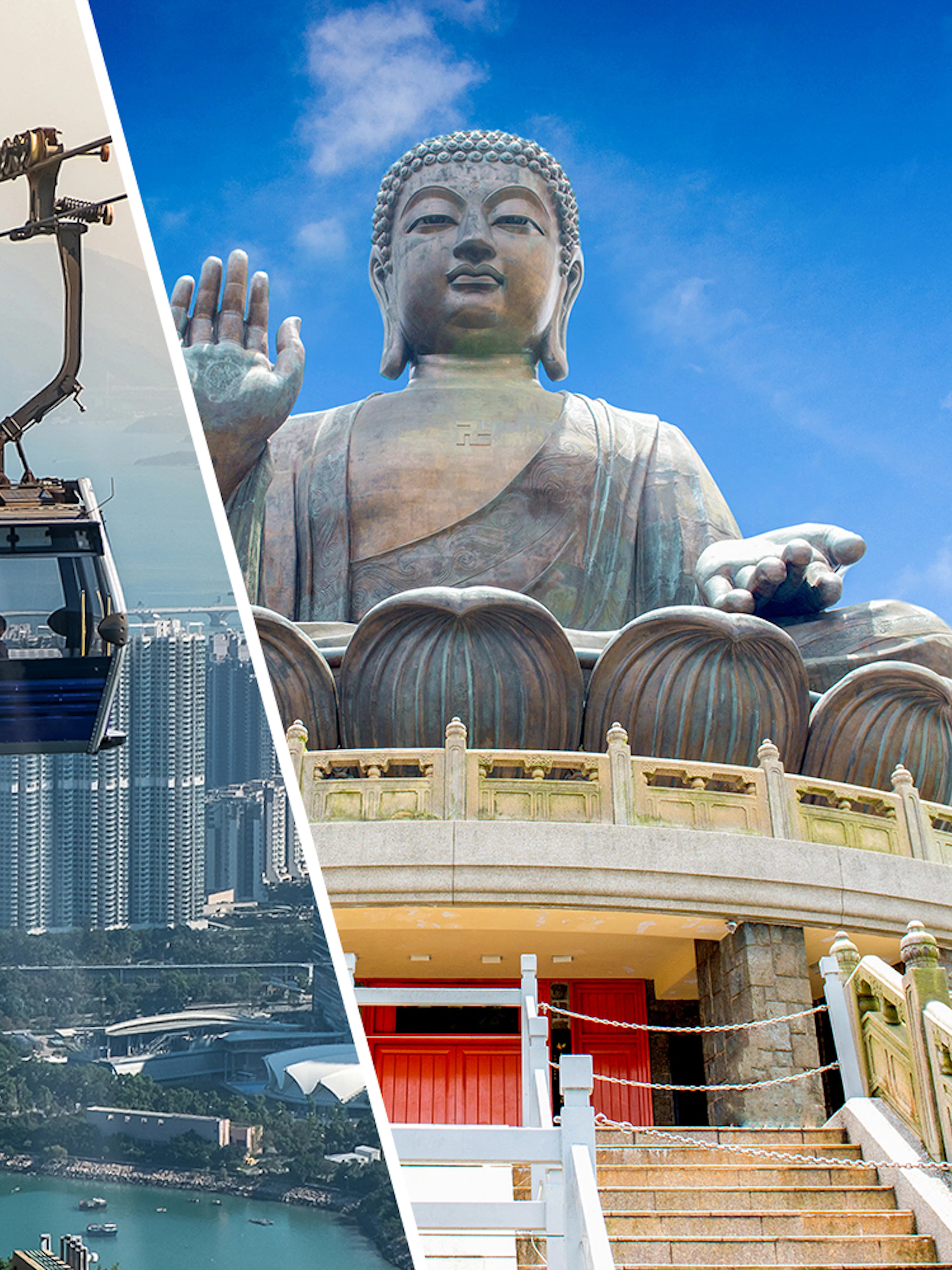 Ngong Ping Cable Car over Lantau Island with Tian Tan Buddha statue in view.