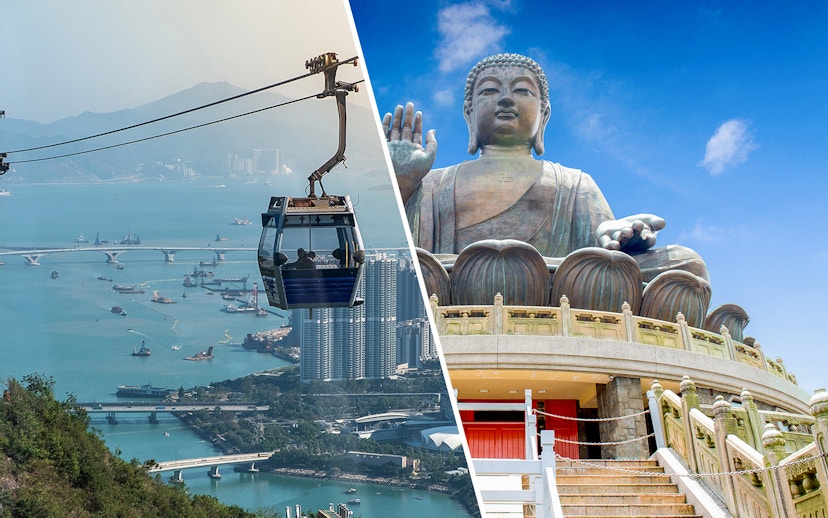 Ngong Ping Cable Car over Lantau Island with Tian Tan Buddha statue in view.