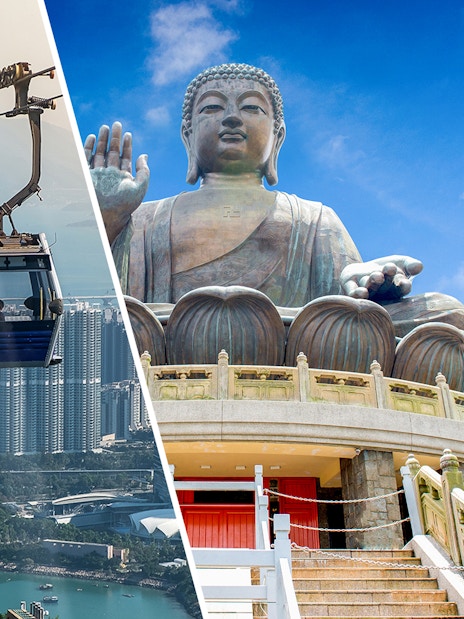 Ngong Ping Cable Car over Lantau Island with Tian Tan Buddha statue in view.