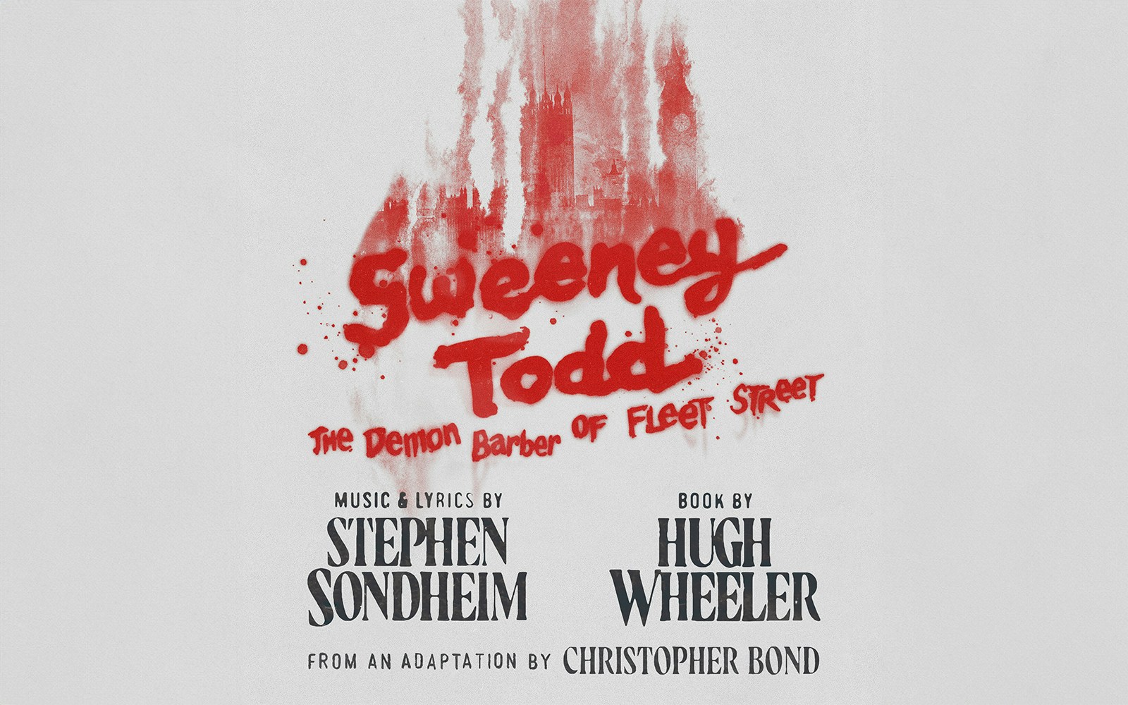 Sweeney Todd musical poster with red text and London skyline.