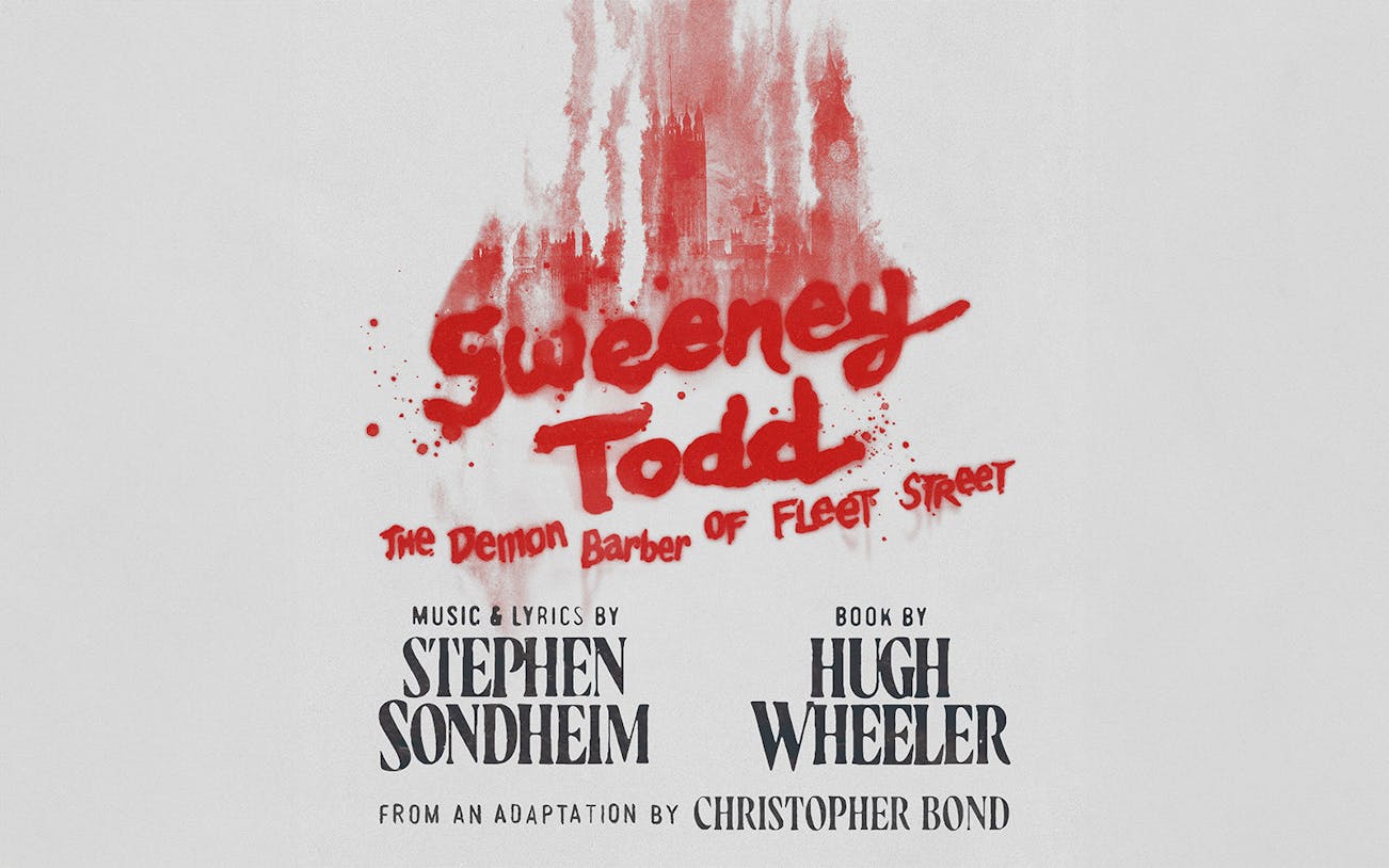 Sweeney Todd musical poster with red text and London skyline.