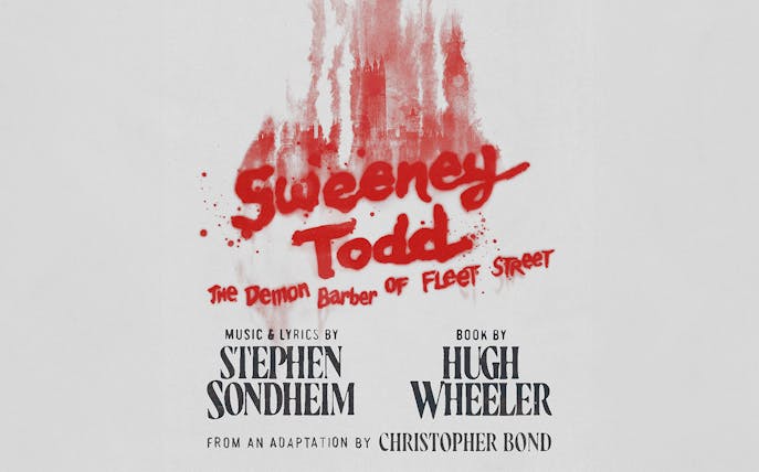 Sweeney Todd musical poster with red text and London skyline.