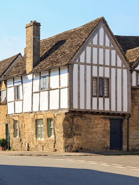 Historic Cotswold stone houses in a quaint English village near Stonehenge.