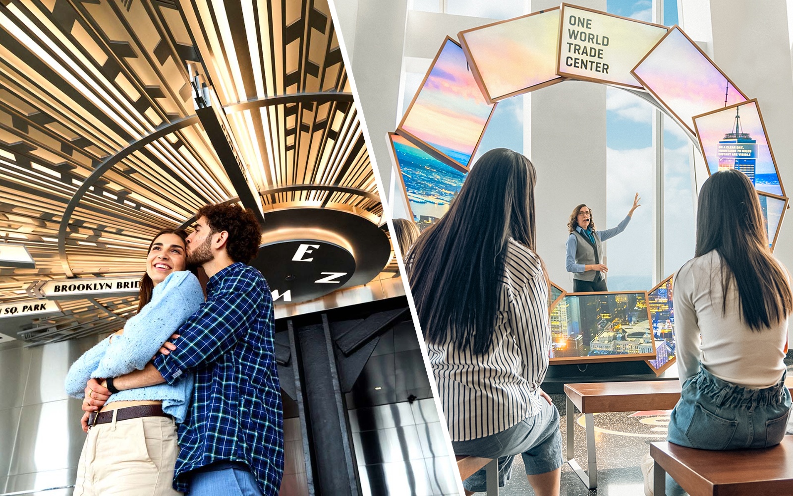 Couple embracing under the giant compass at the Empire State Building, NYC.