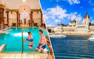 Széchenyi Spa indoor pool and Danube River cruise with Budapest Parliament view.